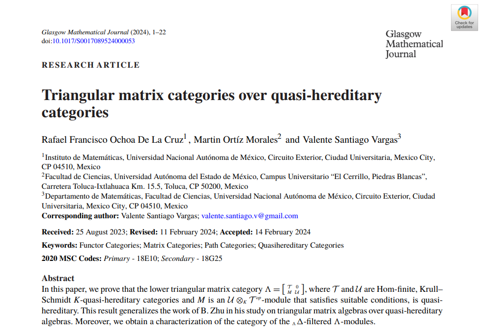 Triangular matrix categories over quasi-hereditary categories Rafael Francisco ochoa de la Cruz